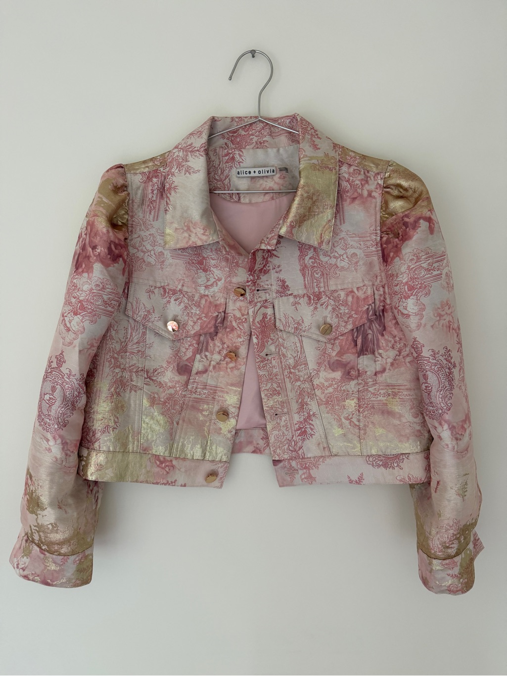 Alice + Olivia Pink And Gold Metallic Toile Cropped Jacket